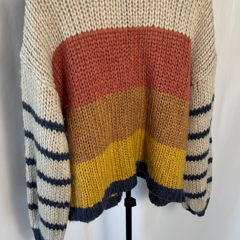 Rip Curl Cream Crewneck Sweater with Pink, Tan, Yellow & Navy Stripes - Picture 5 of 11